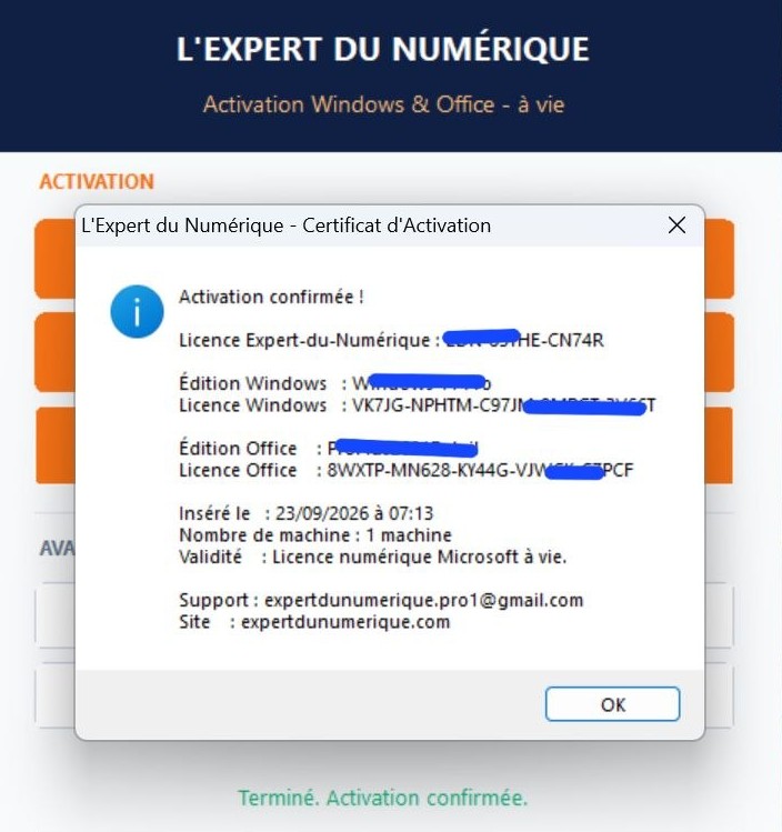 Certificat d'activation L'Expert du Numérique